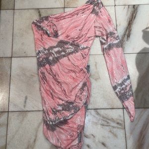 Size small one arm, back out, pink and gray dress vintage